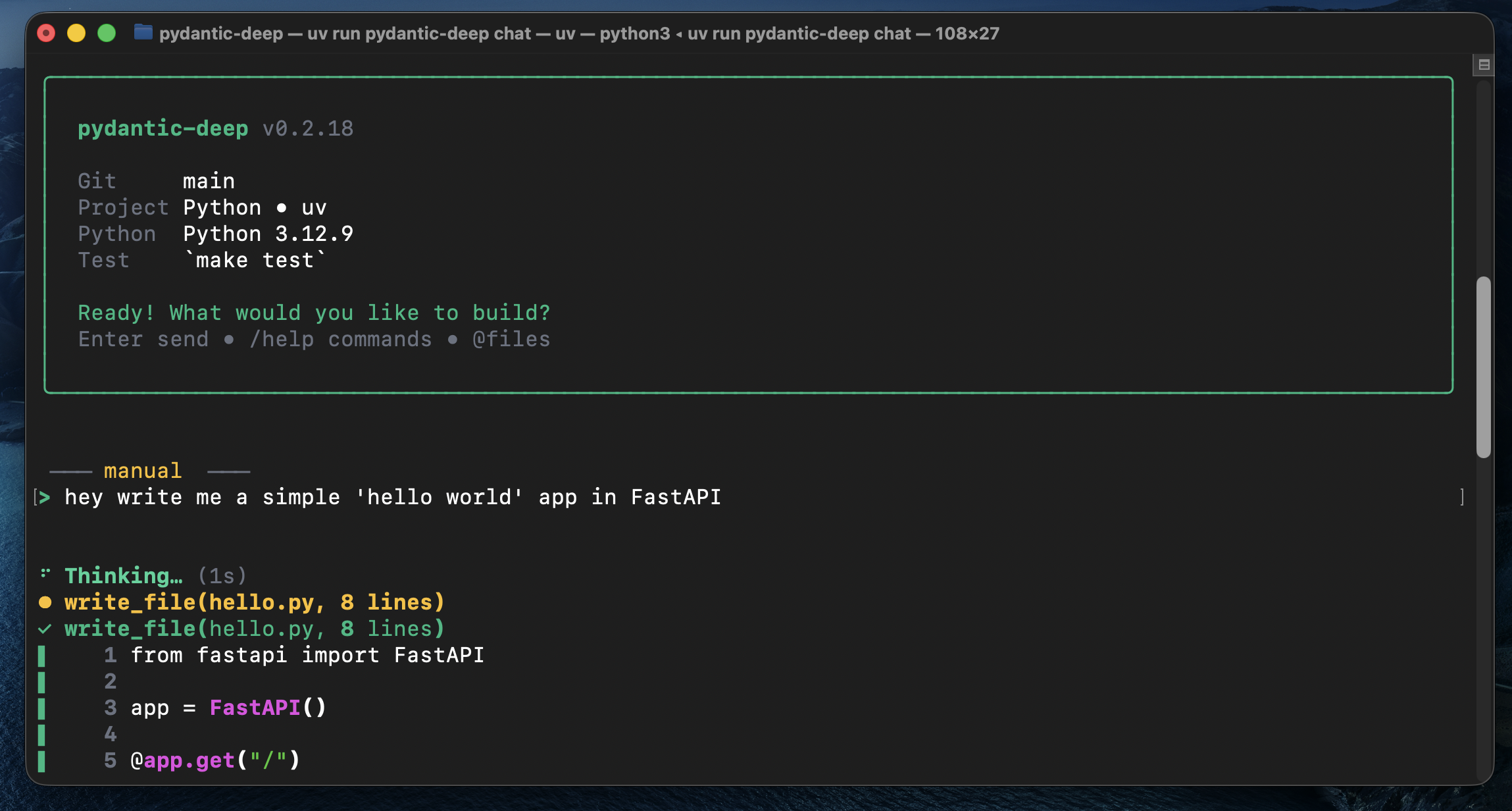 Pydantic Deep CLI — interactive terminal with code generation
