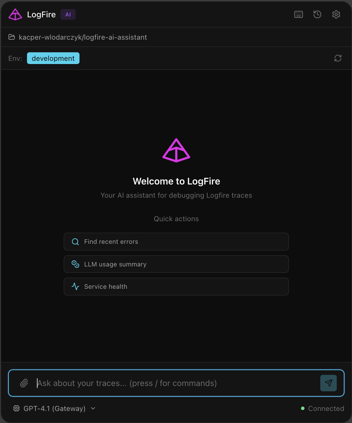 Logfire Assistant animated demo