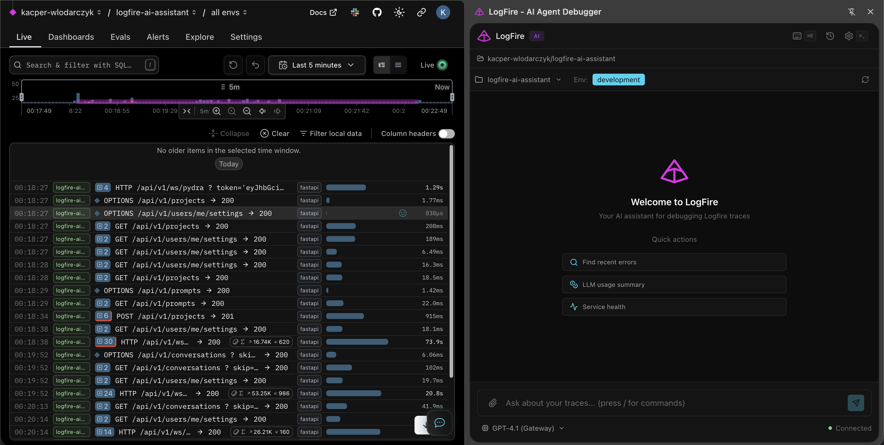 Logfire Assistant — Chrome extension sidebar next to Logfire dashboard