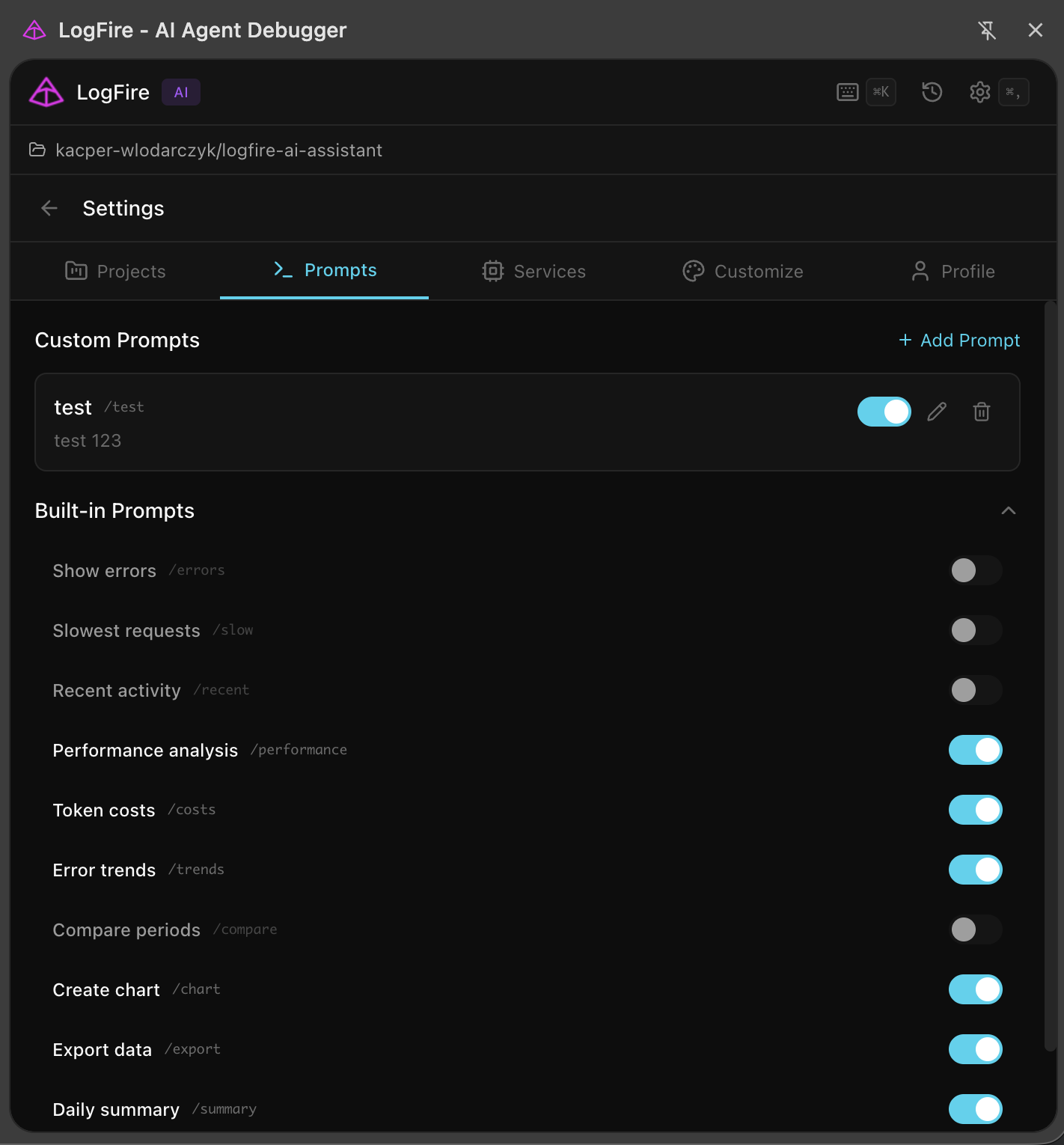 Custom prompts with slash commands